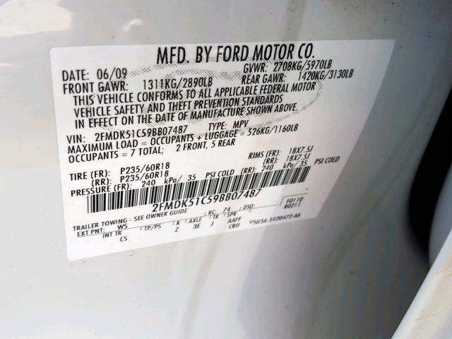 2FMDK51C59BB07487 - 2009 FORD FLEX SE WHITE photo 10