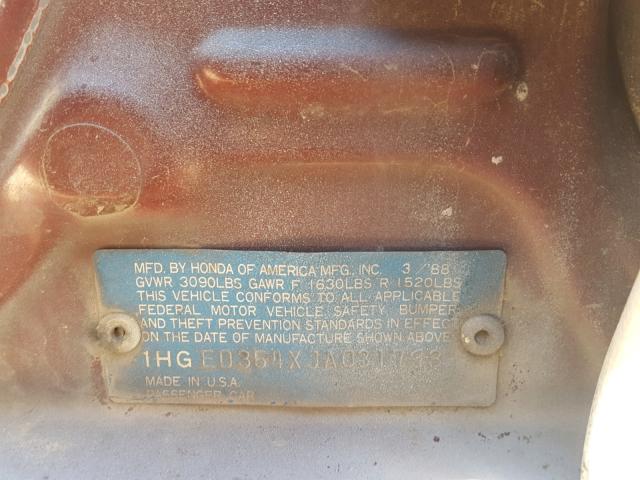 1HGED354XJA031793 - 1988 HONDA CIVIC DX WHITE photo 10