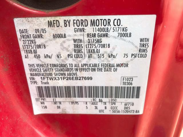 1FTWX31P26EB27699 - 2006 FORD F350 SRW S RED photo 9