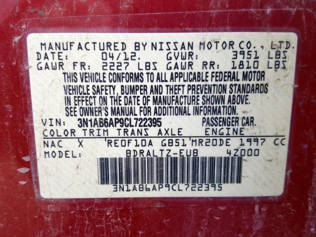 3N1AB6AP9CL722395 - 2012 NISSAN SENTRA 2.0 RED photo 10