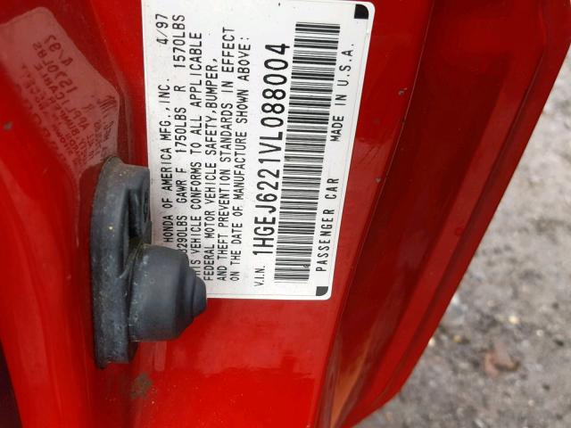 1HGEJ6221VL088004 - 1997 HONDA CIVIC DX RED photo 10