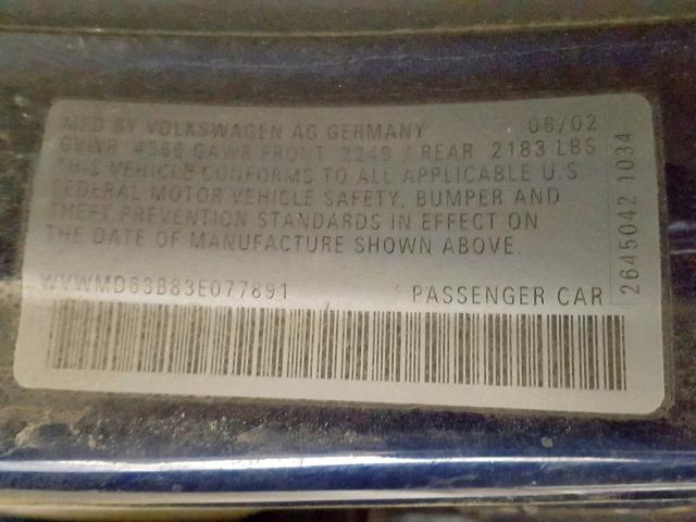 WVWMD63B83E077891 - 2003 VOLKSWAGEN PASSAT GL BLUE photo 10