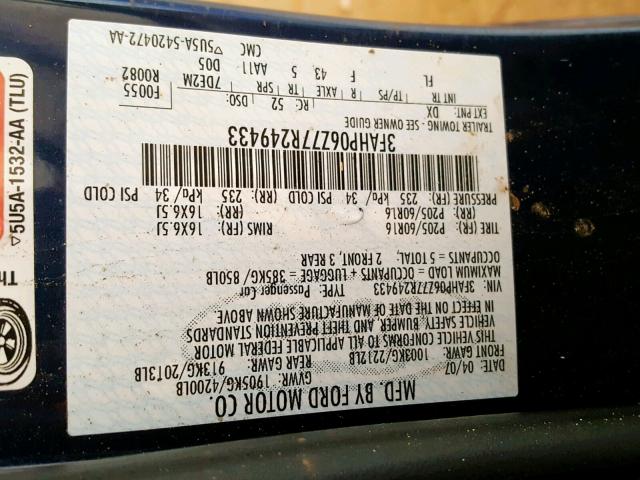 3FAHP06Z77R249433 - 2007 FORD FUSION S BLUE photo 10