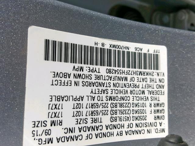 2HKRM3H72FH554280 - 2015 HONDA CR-V EXL SILVER photo 10