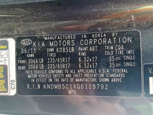 KNDMB5C1XG6119792 - 2016 KIA SEDONA LX GRAY photo 10