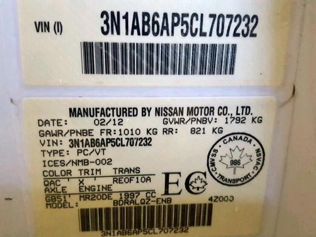 3N1AB6AP5CL707232 - 2012 NISSAN SENTRA 2.0 WHITE photo 10