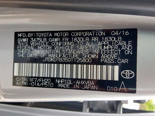 JTDKDTB35G1125800 - 2016 TOYOTA PRIUS C SILVER photo 10