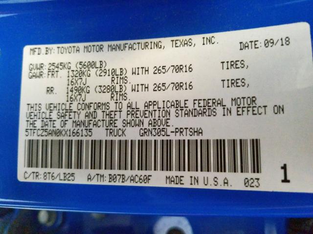 5TFCZ5AN0KX166135 - 2019 TOYOTA TACOMA DOUBLE CAB  照片 10