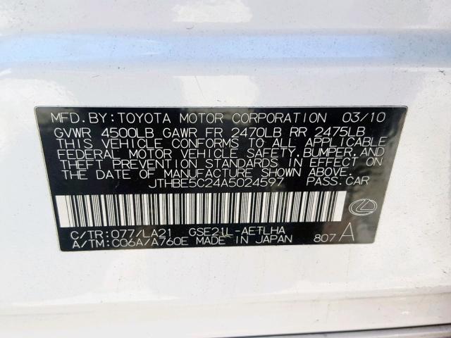 JTHBE5C24A5024597 - 2010 LEXUS IS 350 WHITE photo 10