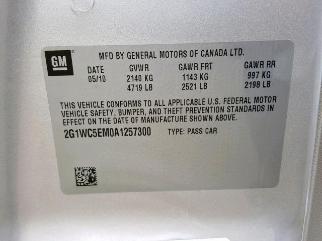 2G1WC5EM0A1257300 - 2010 CHEVROLET IMPALA LTZ SILVER photo 10