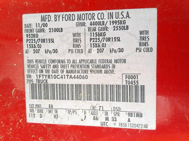 1FTYR10C41TA44060 - 2001 FORD RANGER RED photo 10