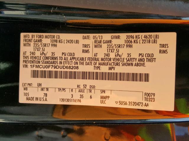 1FMCU0F79DUD68208 - 2013 FORD ESCAPE S BLACK photo 10