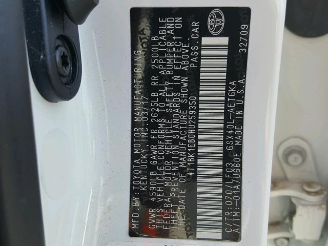 4T1BK1EB0HU259350 - 2017 TOYOTA AVALON XLE WHITE photo 10