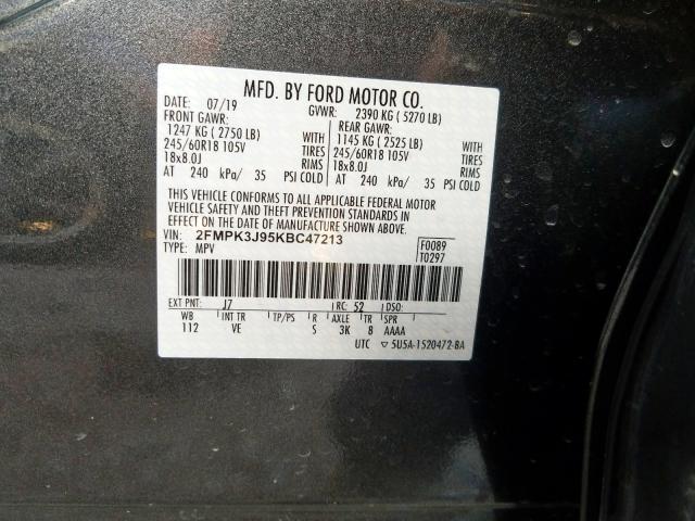 2FMPK3J95KBC47213 - 2019 FORD EDGE SEL  photo 10