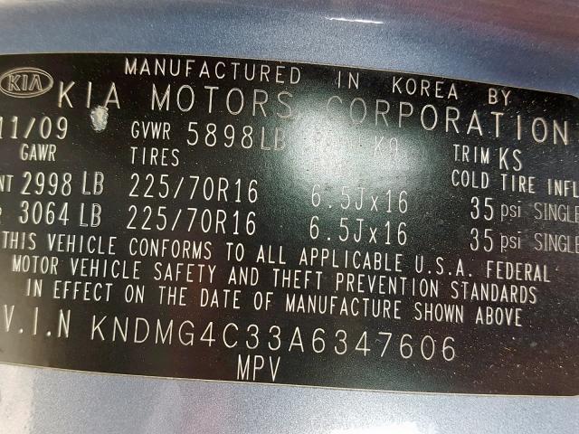 KNDMG4C33A6347606 - 2010 KIA SEDONA LX BLUE photo 10