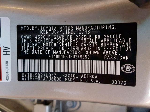 4T1BK1EB1HU249359 - 2017 TOYOTA AVALON XLE GOLD photo 10