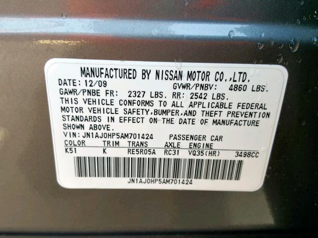 JN1AJ0HP5AM701424 - 2010 INFINITI EX35 BASE GRAY photo 10