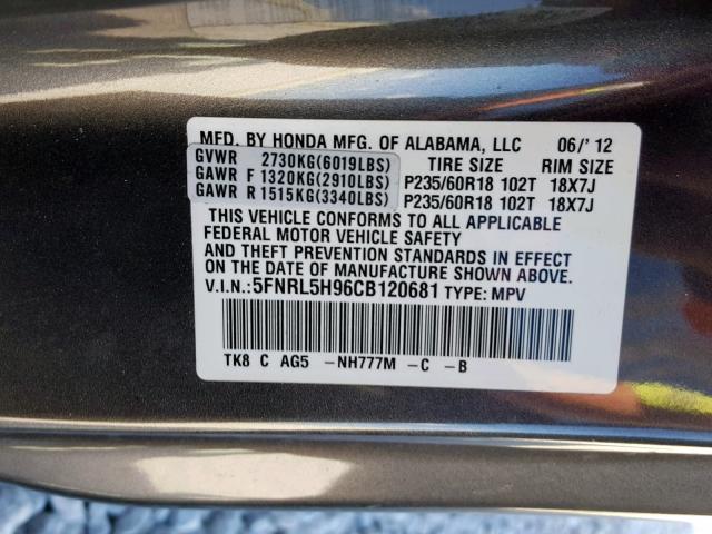 5FNRL5H96CB120681 - 2012 HONDA ODYSSEY TO GRAY photo 10