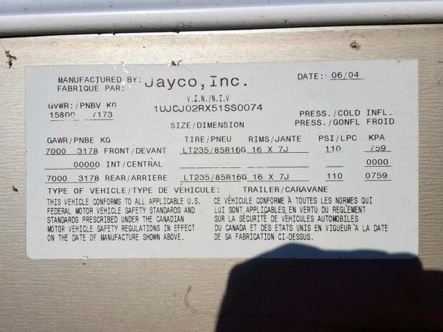 1UJCJ02RX51SS0074 - 2005 JAYCO DESIGNER  WHITE photo 10