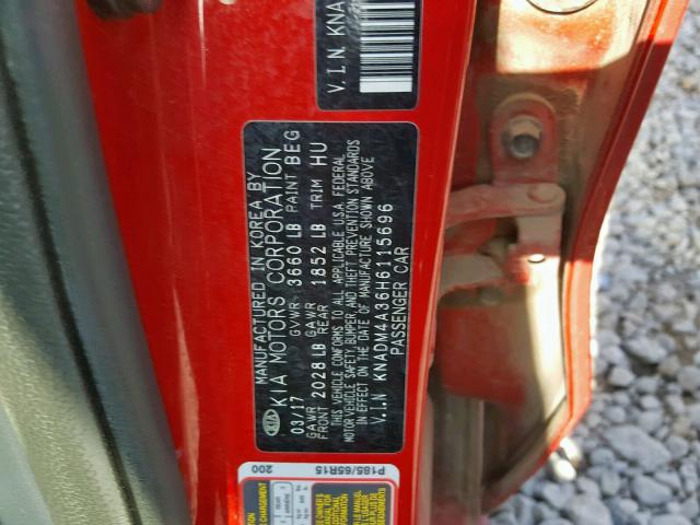 KNADM4A36H6115696 - 2017 KIA RIO LX RED photo 10