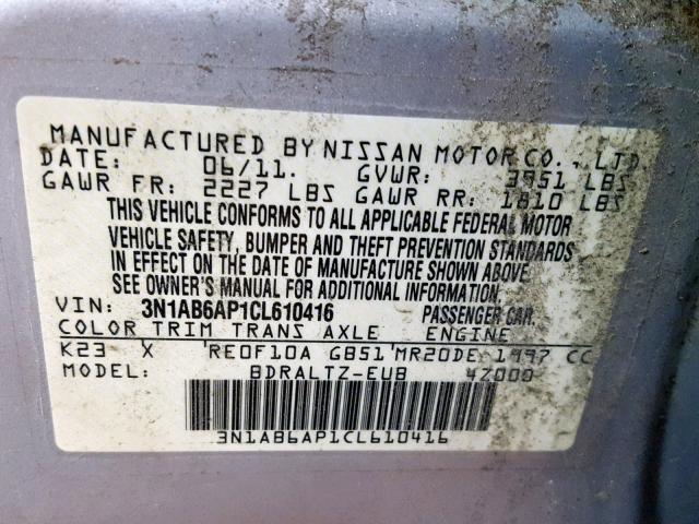 3N1AB6AP1CL610416 - 2012 NISSAN SENTRA 2.0 SILVER photo 10