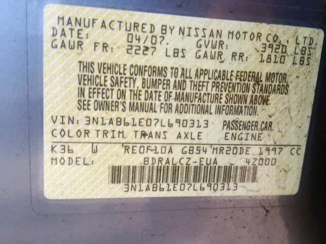 3N1AB61E07L690313 - 2007 NISSAN SENTRA 2.0 SILVER photo 10