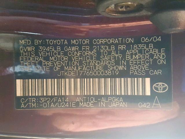 JTKDE177650003819 - 2005 TOYOTA SCION TC MAROON photo 10