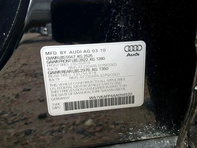 WA1VKAFP4AA094920 - 2010 AUDI Q5 PRESTIG BLACK photo 10