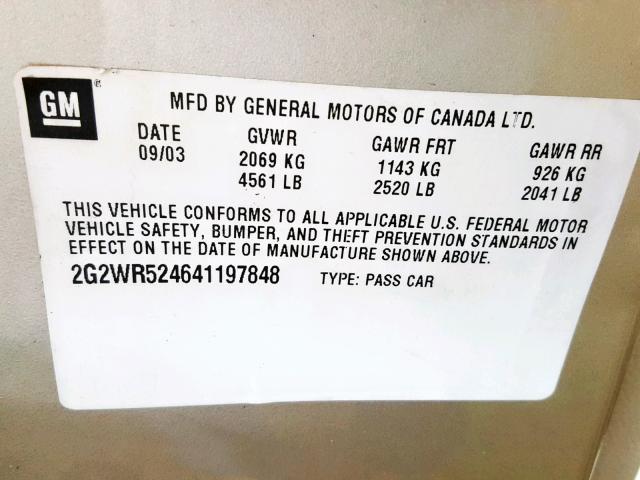 2G2WR524641197848 - 2004 PONTIAC GRAND PRIX GOLD photo 10