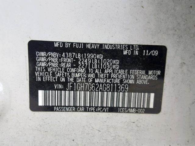 JF1GH7G62AG811369 - 2010 SUBARU IMPREZA WR WHITE photo 10