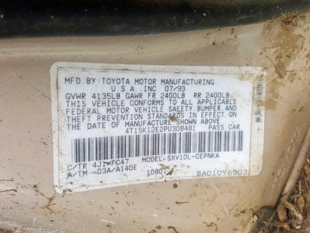 4T1SK12E2PU308481 - 1993 TOYOTA CAMRY LE GOLD photo 10