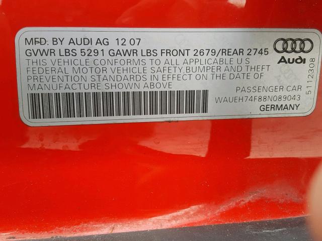 WAUEH74F88N089043 - 2008 AUDI A6 S-LINE RED photo 10