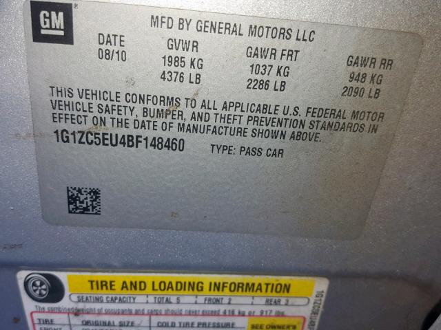 1G1ZC5EU4BF148460 - 2011 CHEVROLET MALIBU 1LT 银色 照片 10