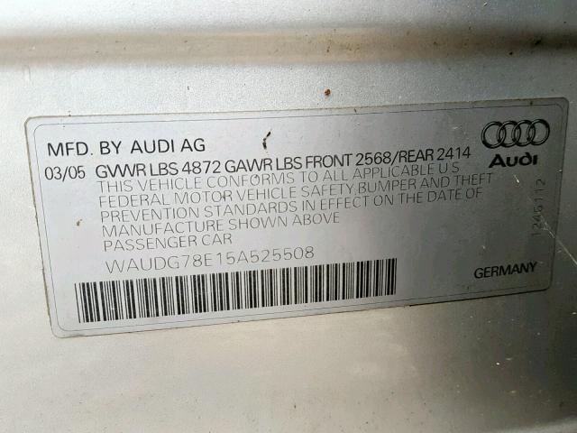 WAUDG78E15A525508 - 2005 AUDI A4 3.2 QUA SILVER photo 10