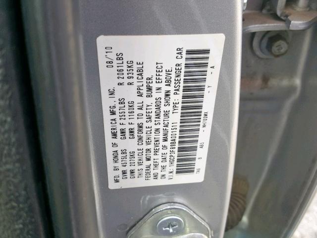 1HGCP3F89BA001511 - 2011 HONDA ACCORD EXL SILVER photo 10