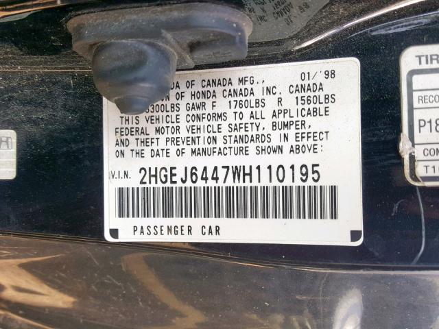 2HGEJ6447WH110195 - 1998 HONDA CIVIC DX BLACK photo 10