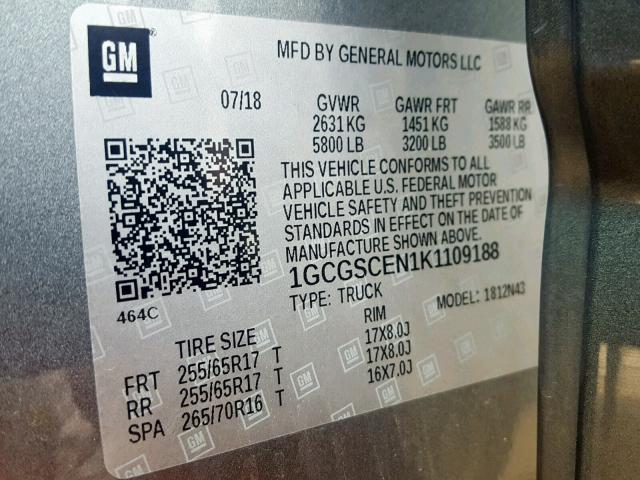 1GCGSCEN1K1109188 - 2019 CHEVROLET COLORADO L GRAY photo 10