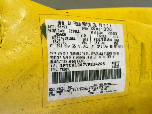 1FTCR10A7VPB34245 - 1997 FORD RANGER YELLOW photo 10