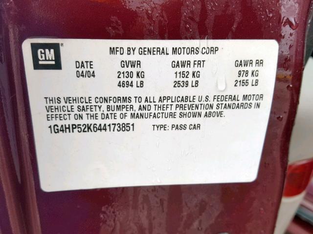 1G4HP52K644173851 - 2004 BUICK LESABRE CU PURPLE photo 10