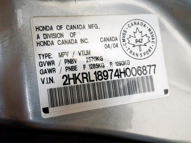 2HKRL18974H006877 - 2004 HONDA ODYSSEY EX SILVER photo 10