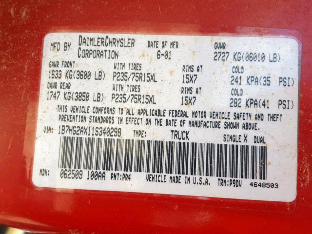 1B7HG2AX11S340298 - 2001 DODGE DAKOTA QUA RED photo 10