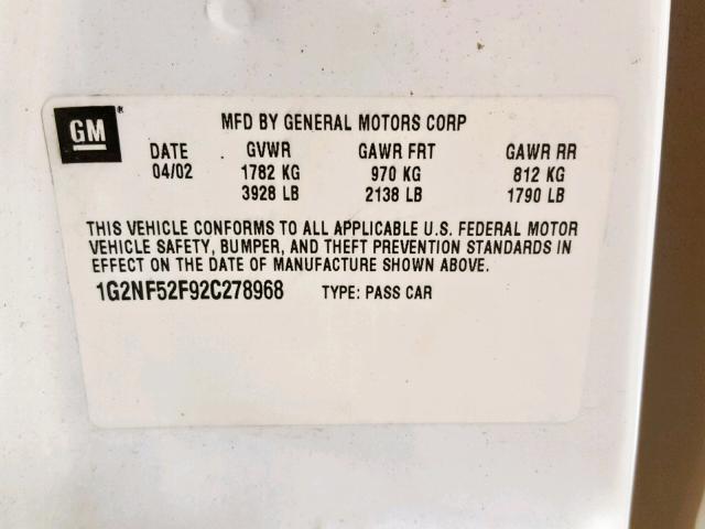 1G2NF52F92C278968 - 2002 PONTIAC GRAND AM S WHITE photo 10