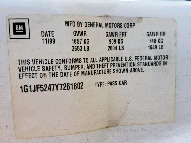 1G1JF5247Y7261802 - 2000 CHEVROLET CAVALIER L WHITE photo 10