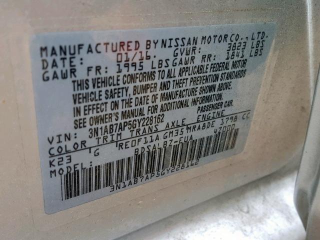 3N1AB7AP5GY228162 - 2016 NISSAN SENTRA S SILVER photo 10