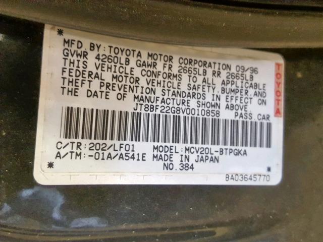 JT8BF22G8V0010858 - 1997 LEXUS ES 300 BLACK photo 10