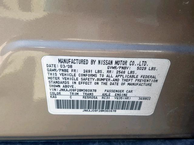 JNKAJ09F28M360978 - 2008 INFINITI EX35 BASE GOLD photo 10