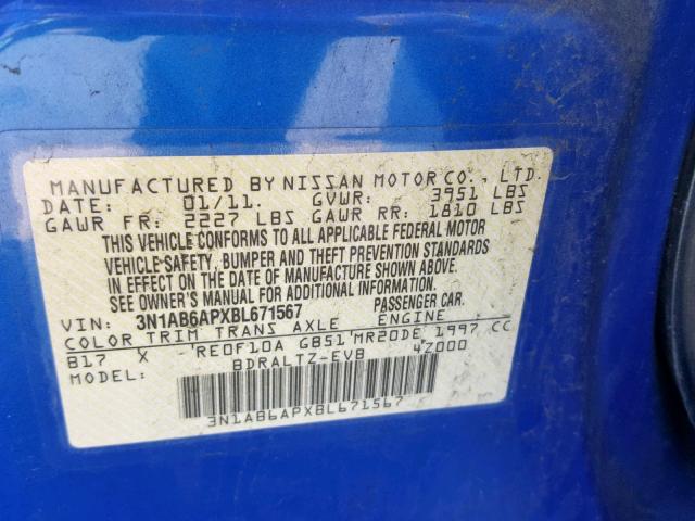 3N1AB6APXBL671567 - 2011 NISSAN SENTRA 2.0 BLUE photo 10