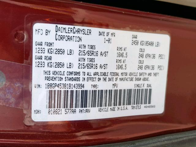 1B8GP45381B143994 - 2001 DODGE CARAVAN SP MAROON photo 10