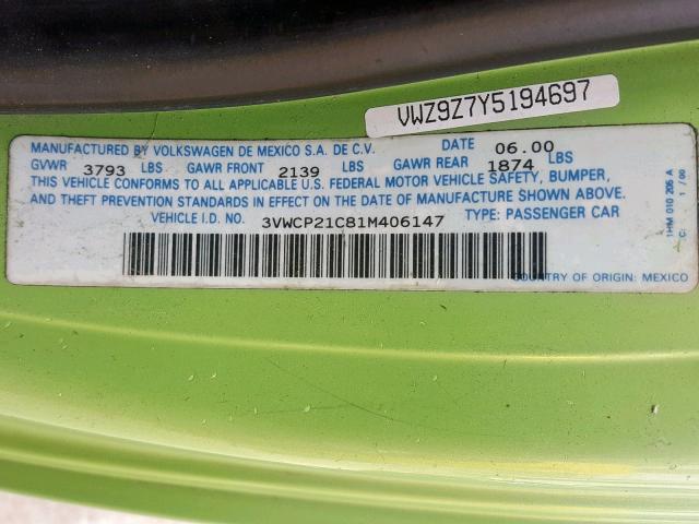3VWCP21C81M406147 - 2001 VOLKSWAGEN NEW BEETLE მწვანე ფოტო 10