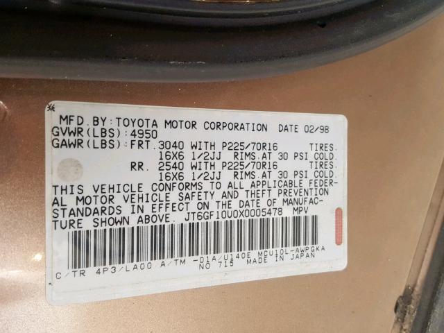 JT6GF10U0X0005478 - 1999 LEXUS RX 300 BROWN photo 10